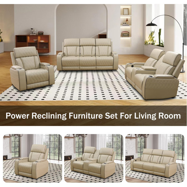 Ivy Bronx 3Piece Vegan Leather Power Reclining Living Room Sofa Set